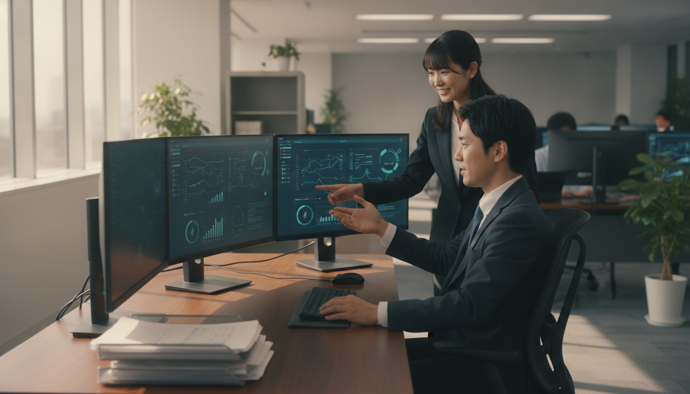 効率化されたオフィスでシステムを操作する人