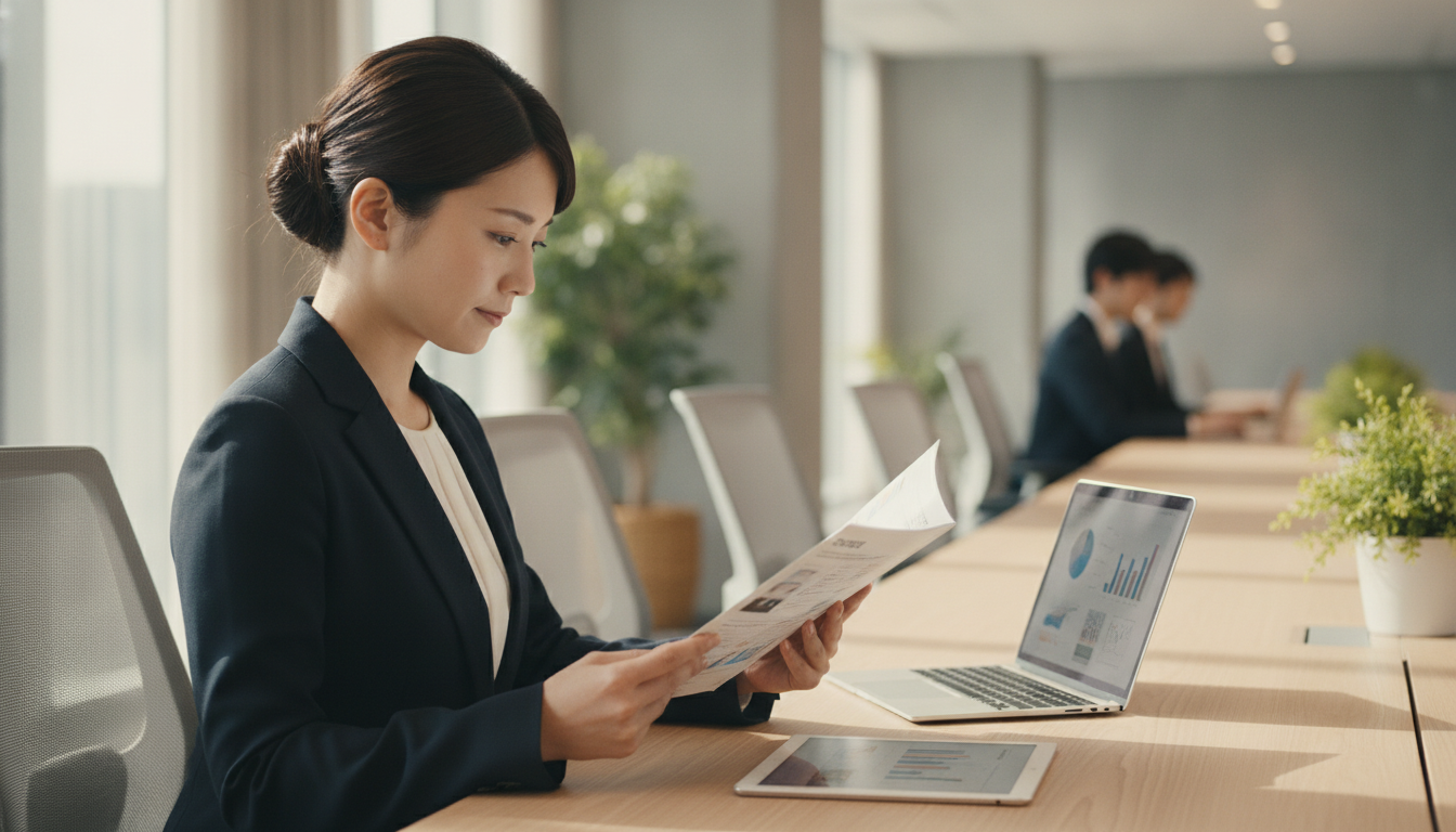 オフィスでパンフレットを読むビジネスパーソン