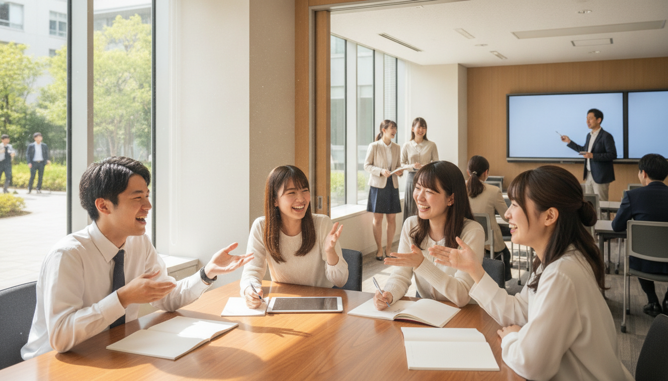 活気あるキャンパスライフを写したパンフレットの写真
