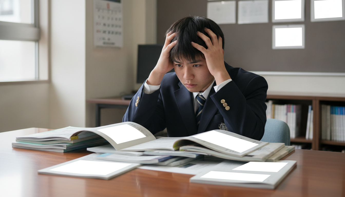 情報過多なパンフレットを前に困惑する高校生