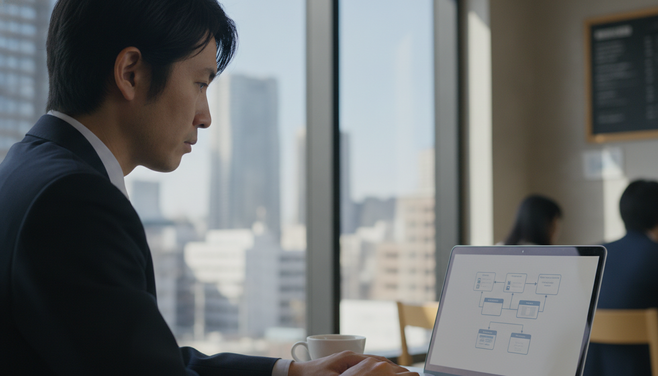 カフェでオリジナルプラグインのUIを検討するビジネスパーソン