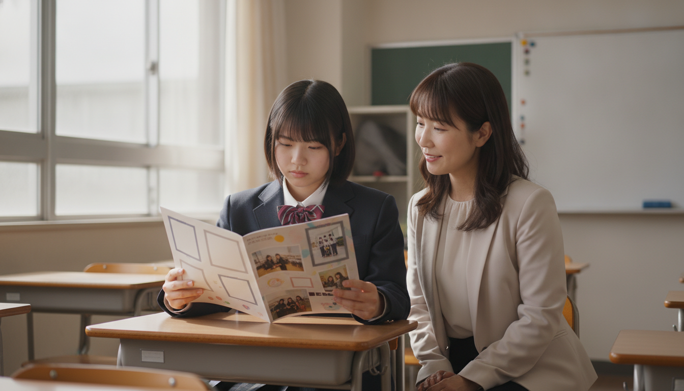 学校案内を読む生徒と保護者