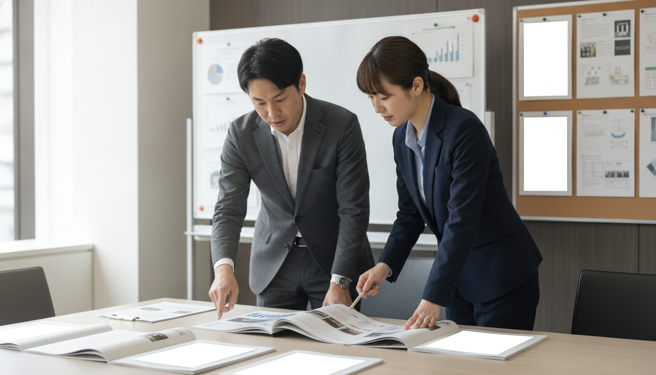 学校案内制作の実績を話し合う担当者たち