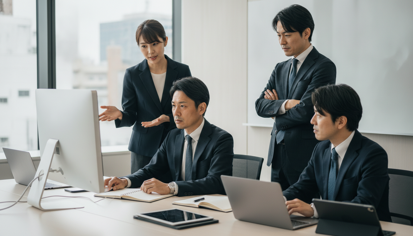 LMS運用担当者がPCで作業し、チームと議論する様子