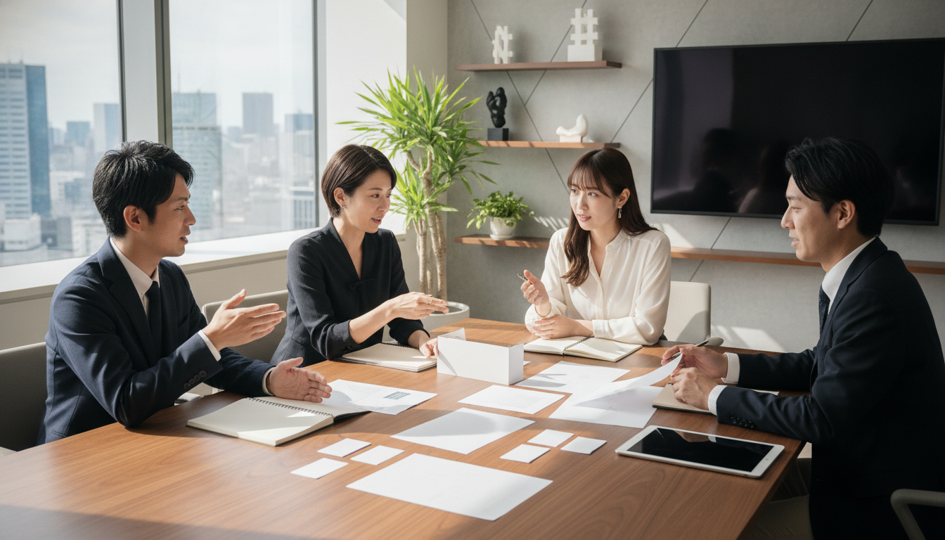 デザイン専門会社でクライアントと打ち合わせをするデザイナー