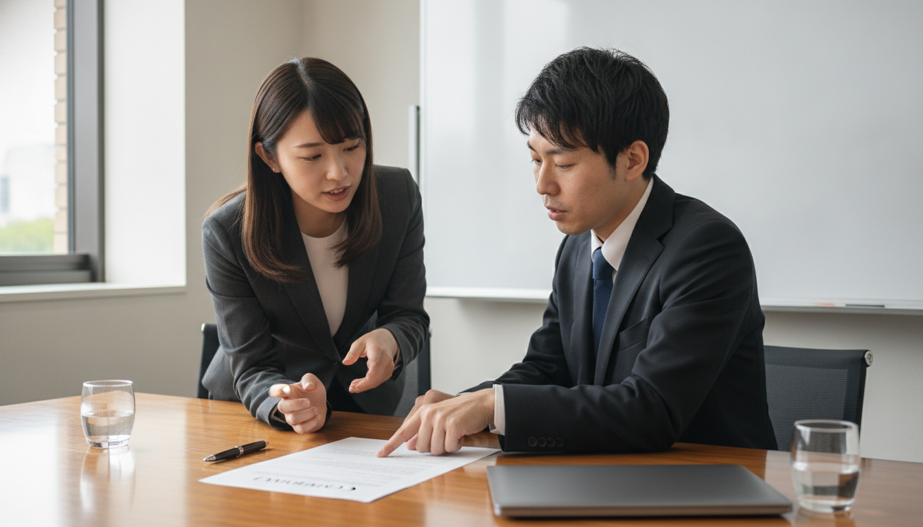 ドメイン管理について契約書を確認する顧客と制作会社の担当者