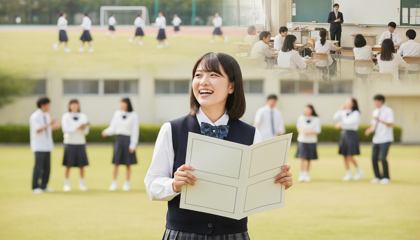 高校生がパンフレットを手にキャンパスライフを楽しむ様子