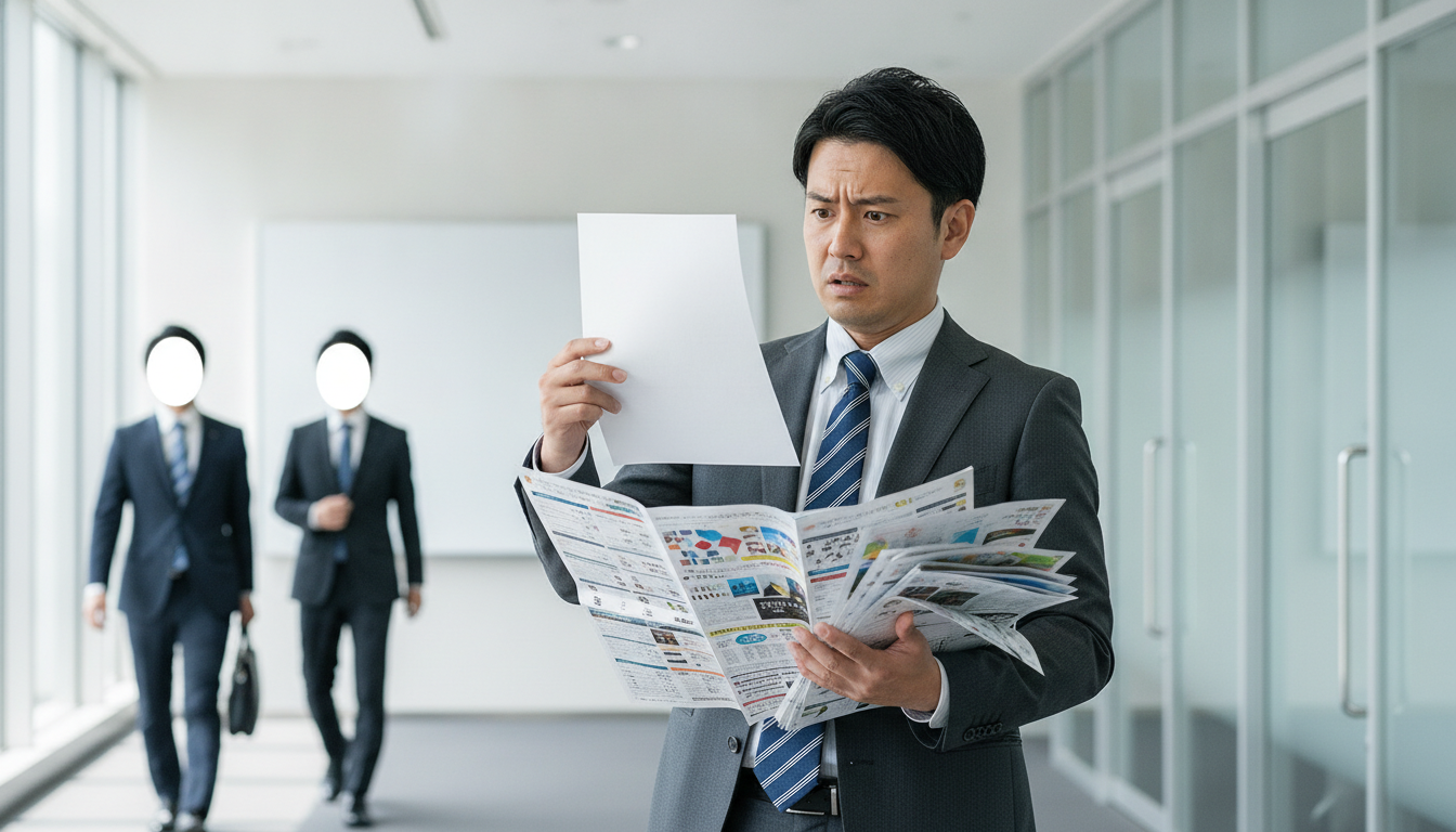 情報過多なチラシを見て困惑するビジネスパーソン