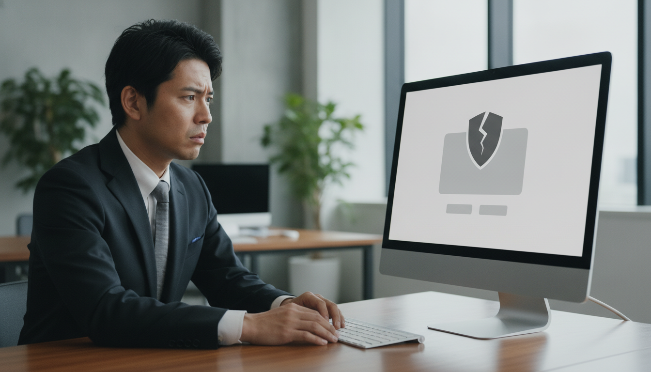 ブラウザに警告表示され不安な表情のユーザー